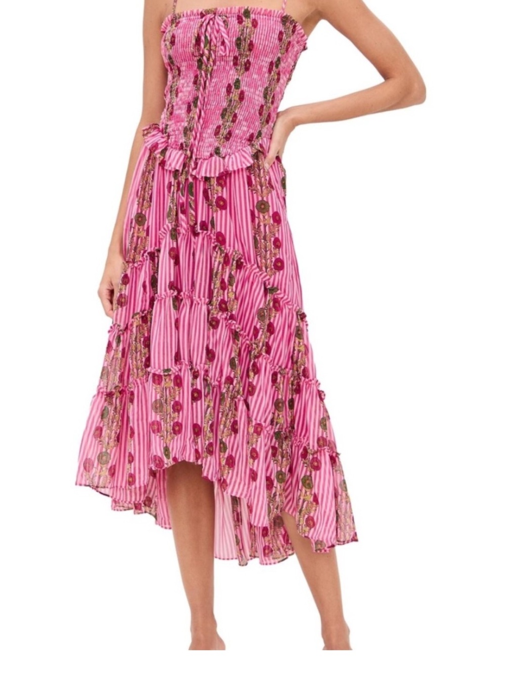 Free People Alejandra Strapless Midi Dress in Hot Pink Combo
